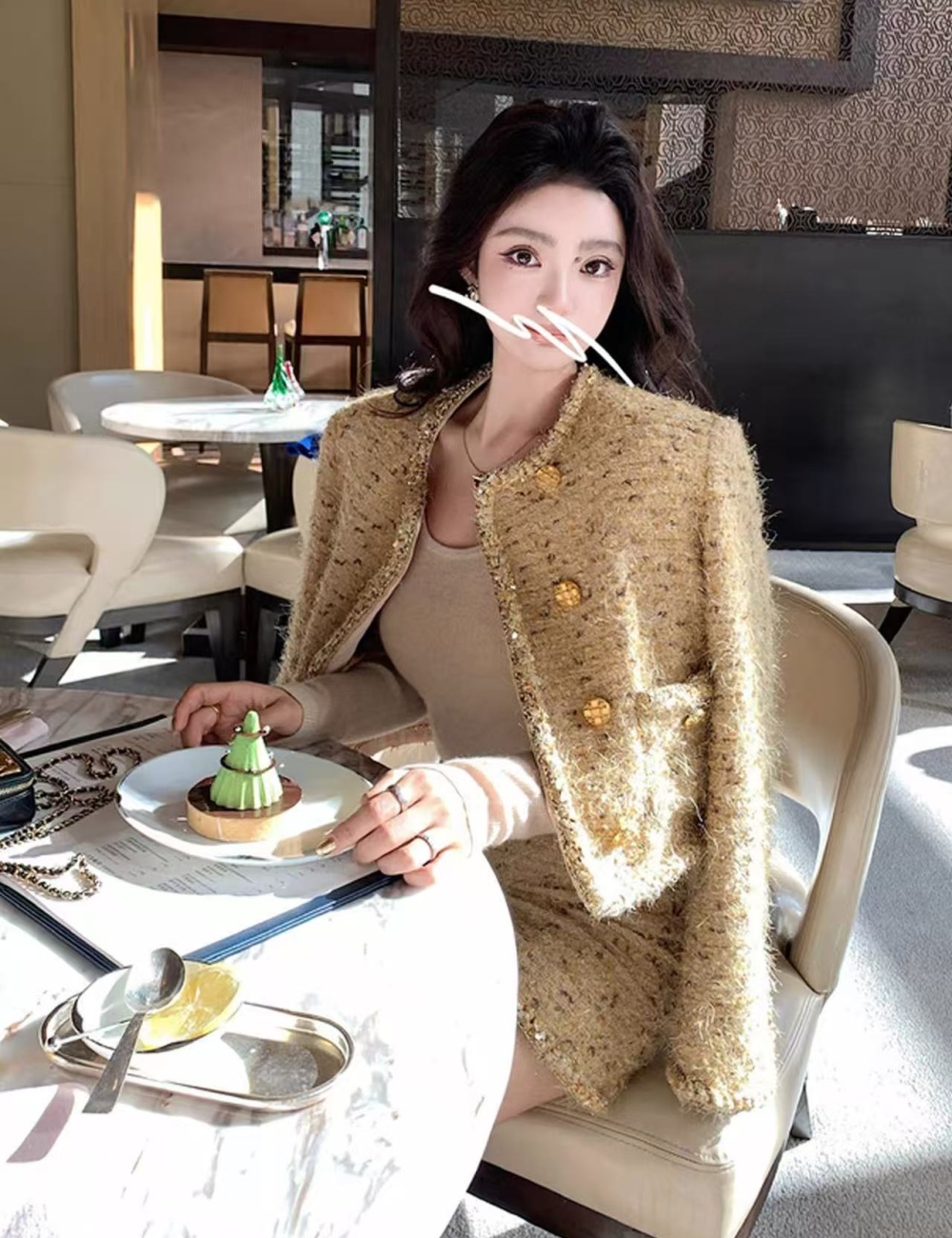 Rhinestone gold short skirt woolen jacket a set for women