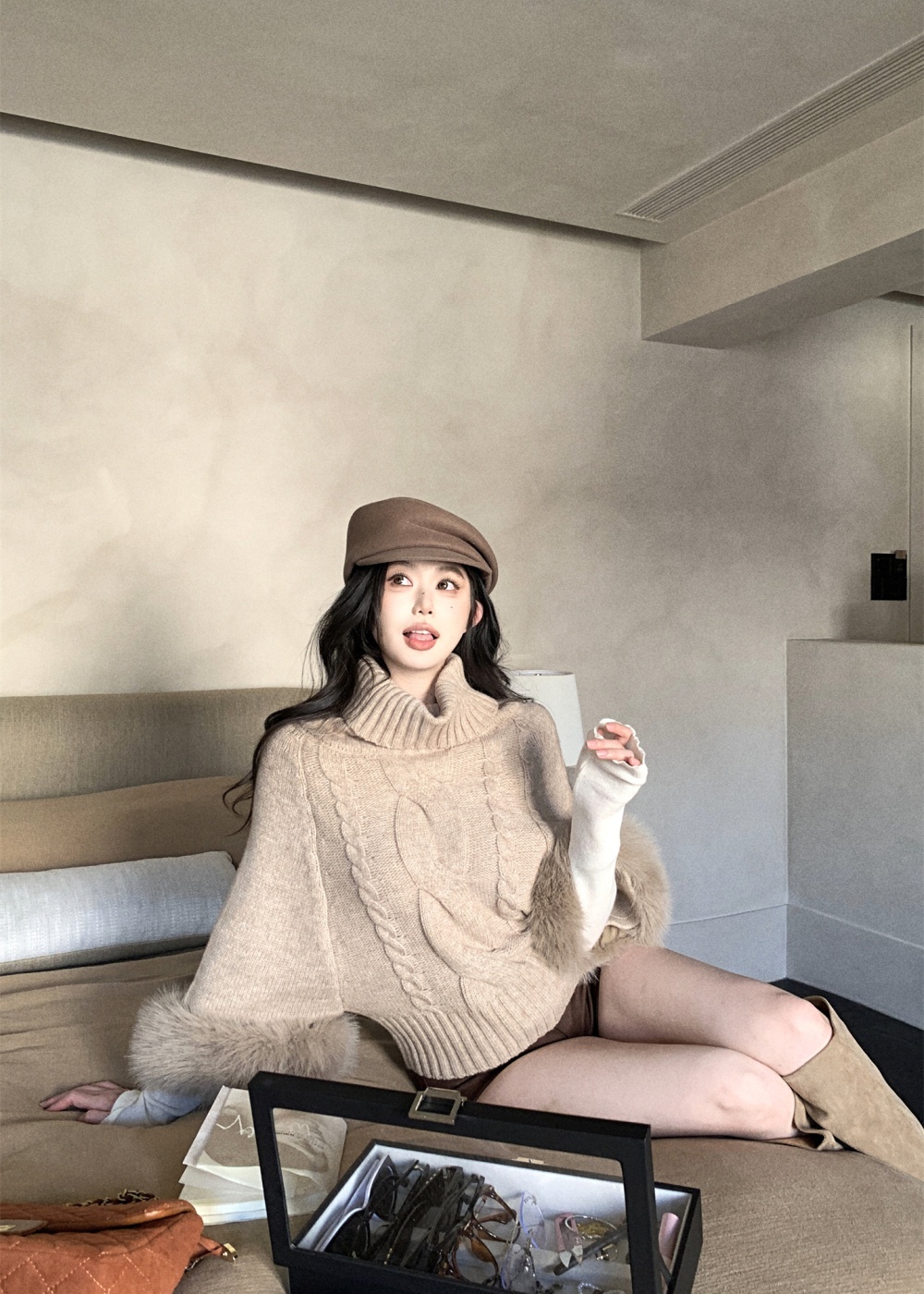Fox fur twist blending wool autumn and winter cuff sweater