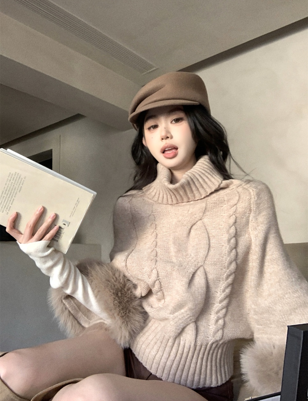 Fox fur twist blending wool autumn and winter cuff sweater