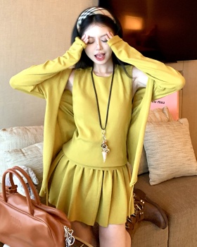 Show young knitted short skirt pleated vest 3pcs set