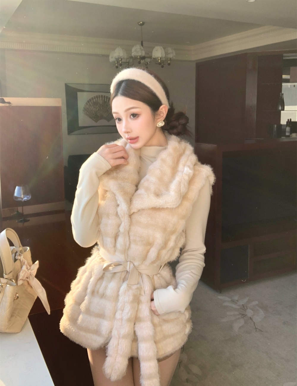 Autumn and winter belt mink hair waistcoat