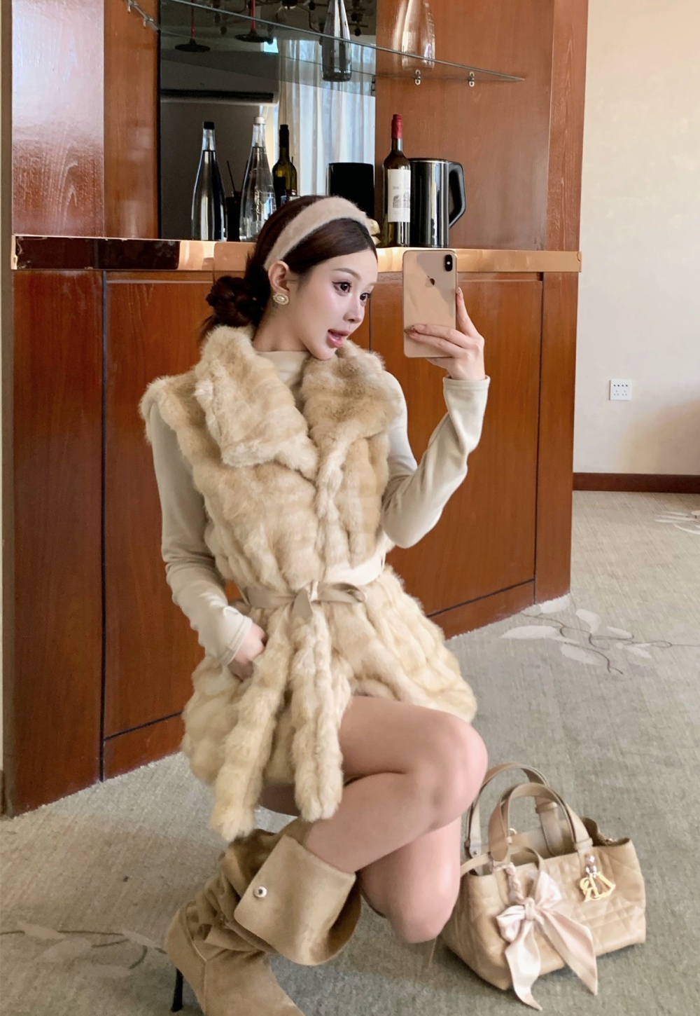 Autumn and winter belt mink hair waistcoat