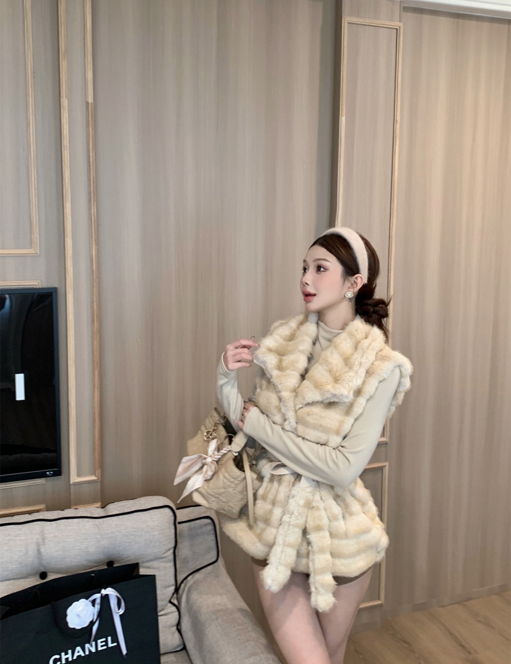 Autumn and winter belt mink hair waistcoat