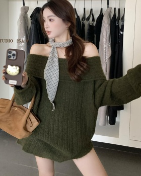All-match lazy loose flat shoulder long France style sweater