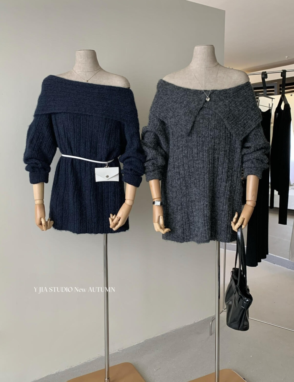 All-match lazy loose flat shoulder long France style sweater