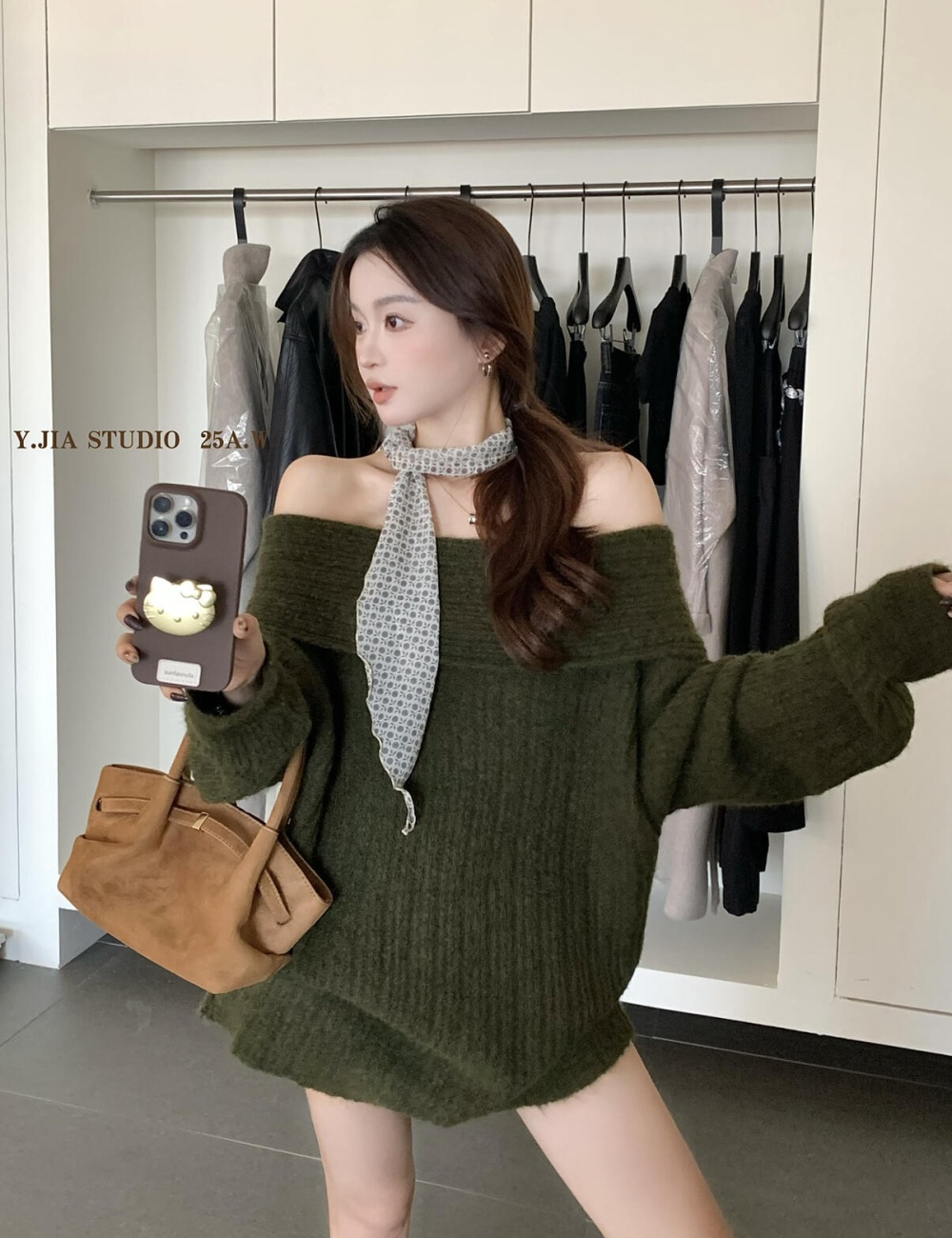 All-match lazy loose flat shoulder long France style sweater