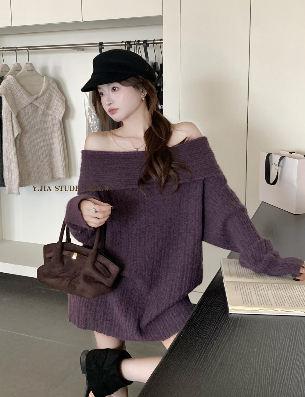 All-match lazy loose flat shoulder long France style sweater