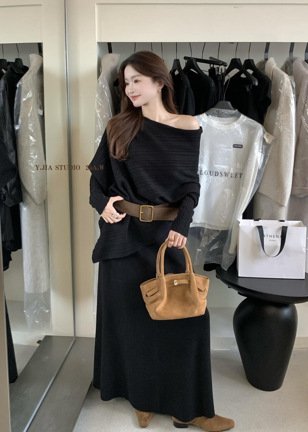 Temperament small shirt elastic waist skirt a set