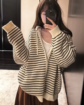 Hooded knitted loose tops stripe autumn cardigan for women