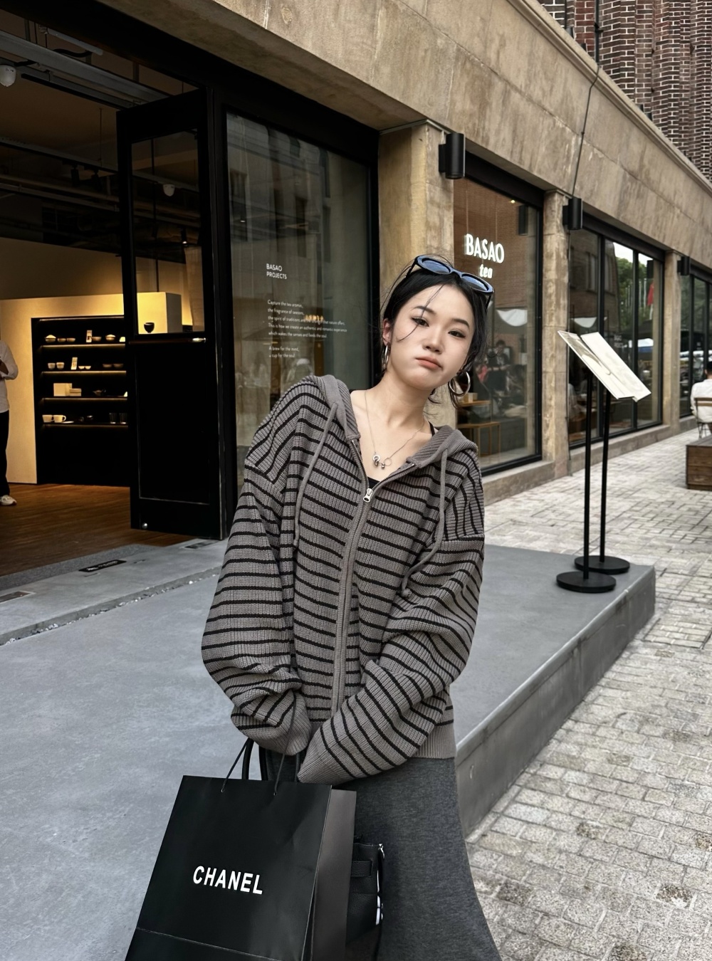 Hooded knitted loose tops stripe autumn cardigan for women