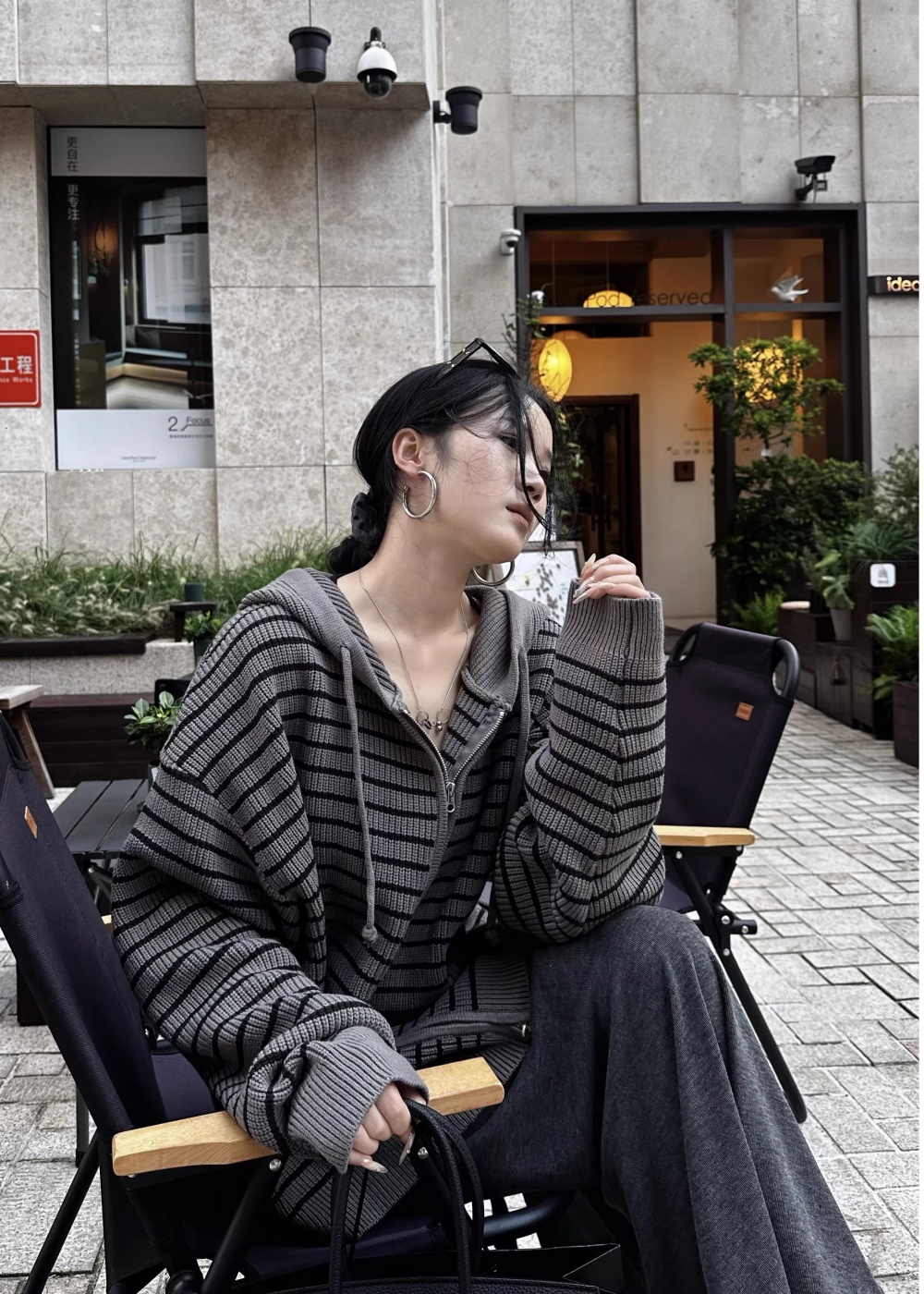 Hooded knitted loose tops stripe autumn cardigan for women
