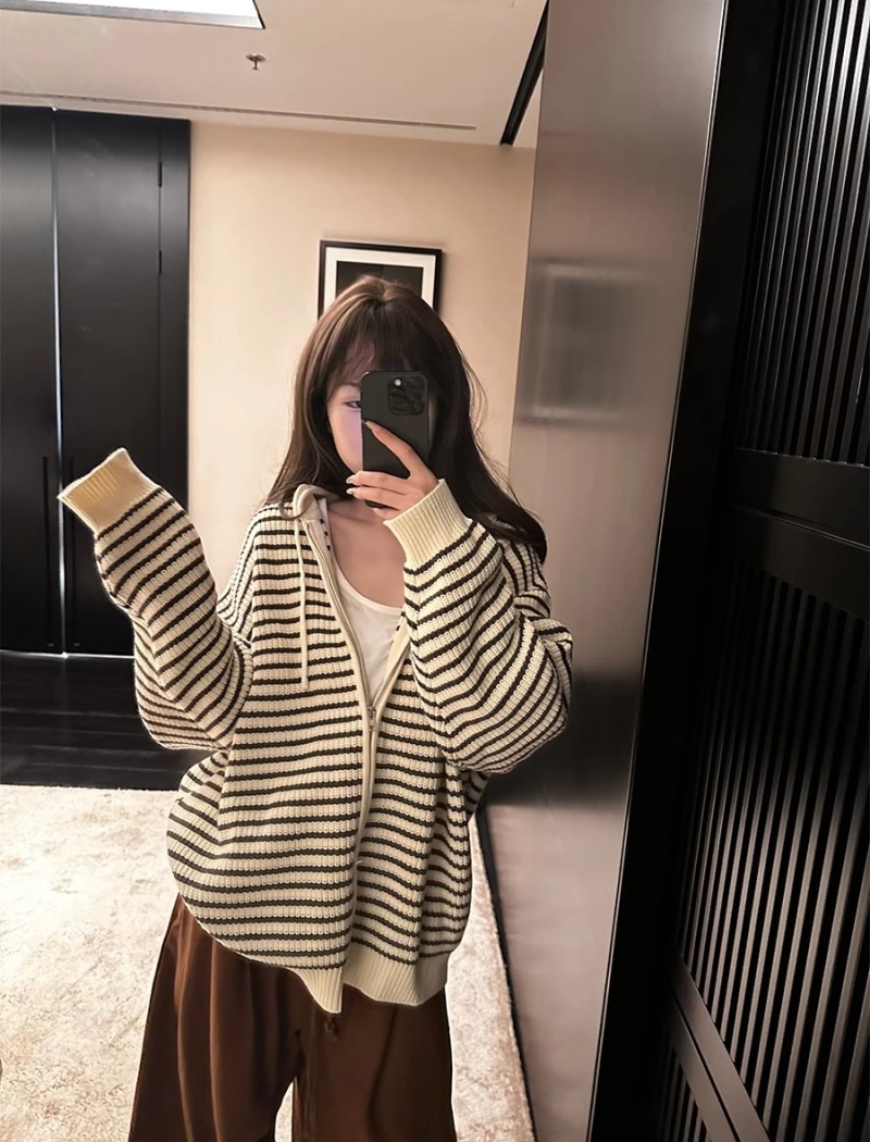 Hooded knitted loose tops stripe autumn cardigan for women