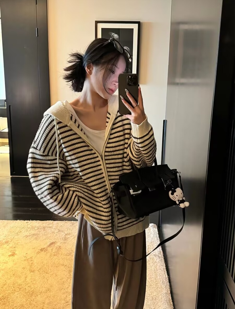 Hooded knitted loose tops stripe autumn cardigan for women