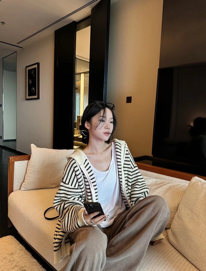 Hooded knitted loose tops stripe autumn cardigan for women