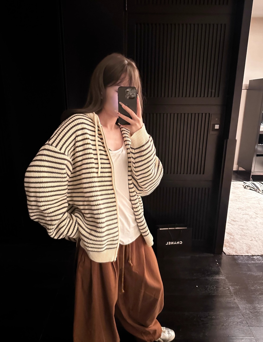 Hooded knitted loose tops stripe autumn cardigan for women