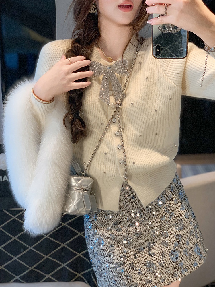 Knitted rhinestone tops spring and autumn sweater for women