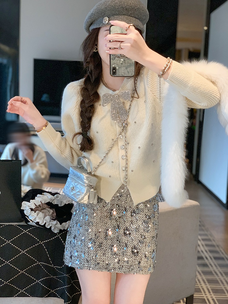 Knitted rhinestone tops spring and autumn sweater for women
