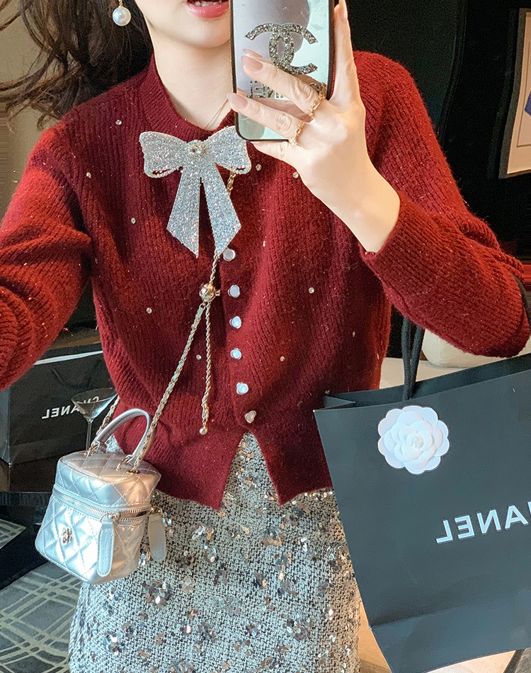 Knitted rhinestone tops spring and autumn sweater for women