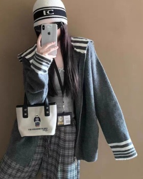 Gray lazy coat navy collar stripe sweater for women