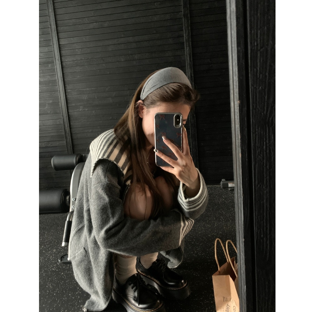 Gray lazy coat navy collar stripe sweater for women