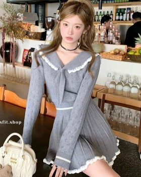 Knitted navy collar short skirt hollow tops a set for women