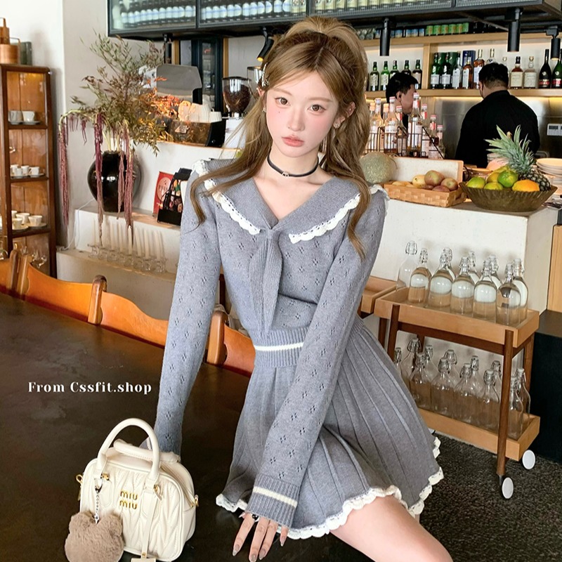 Knitted navy collar short skirt hollow tops a set for women