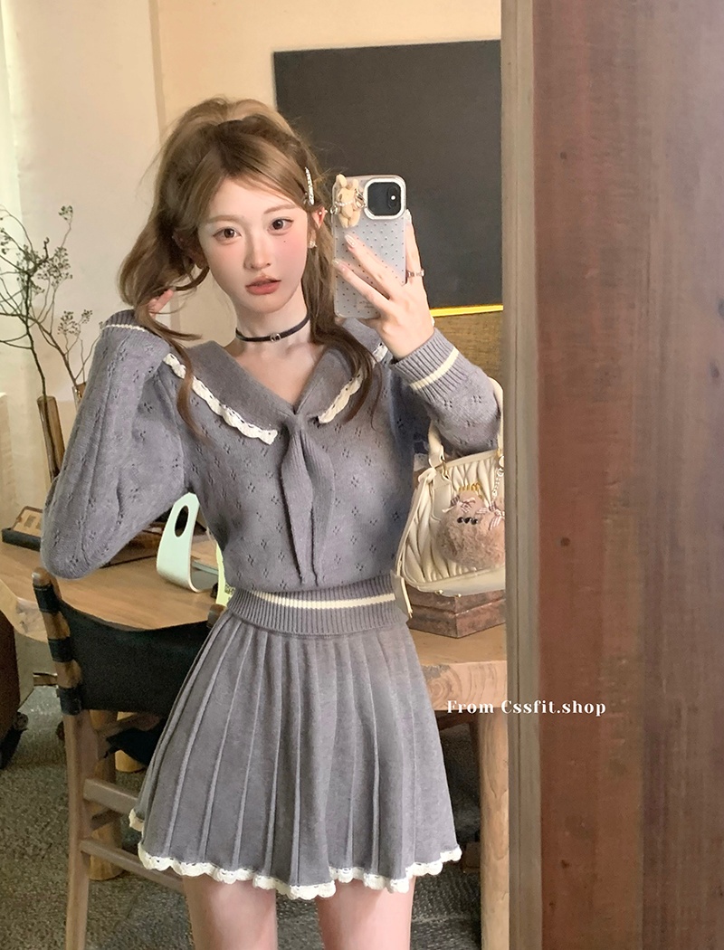 Knitted navy collar short skirt hollow tops a set for women