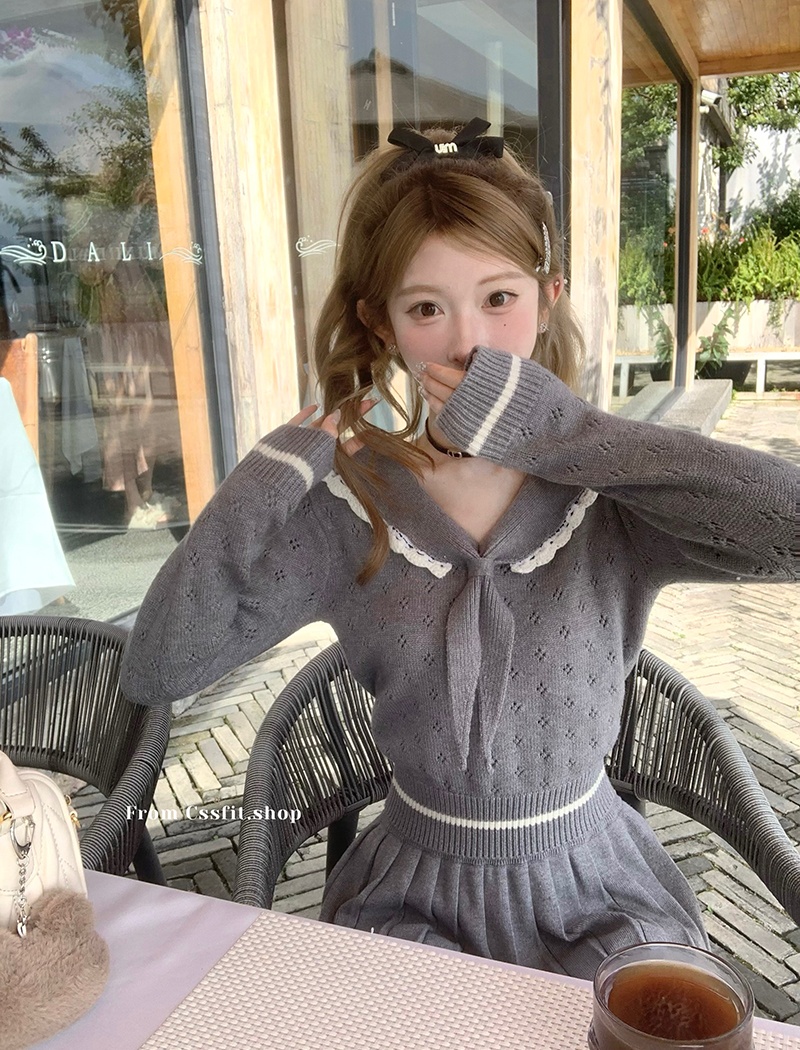 Knitted navy collar short skirt hollow tops a set for women