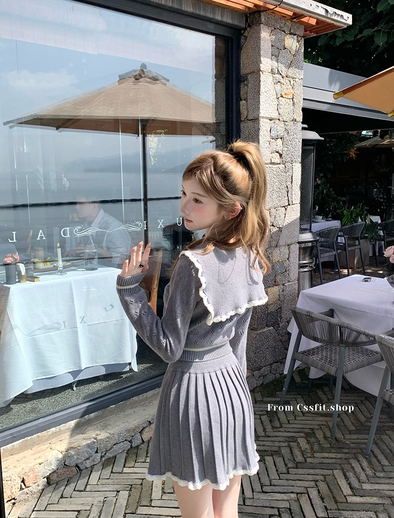 Knitted navy collar short skirt hollow tops a set for women