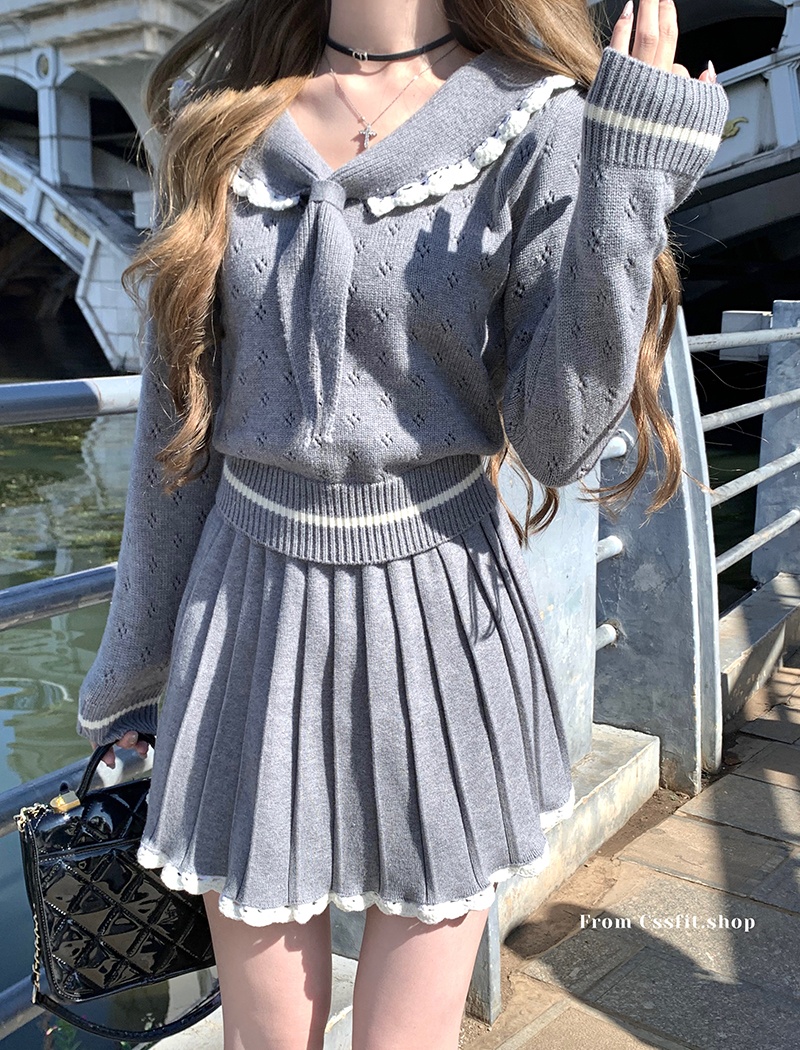 Knitted navy collar short skirt hollow tops a set for women