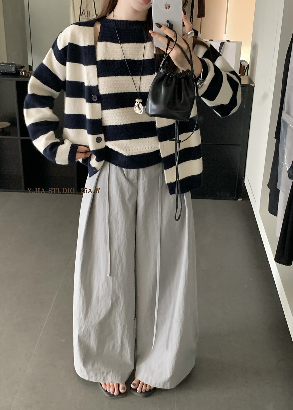 Simple Korean style vest stripe cardigan 2pcs set