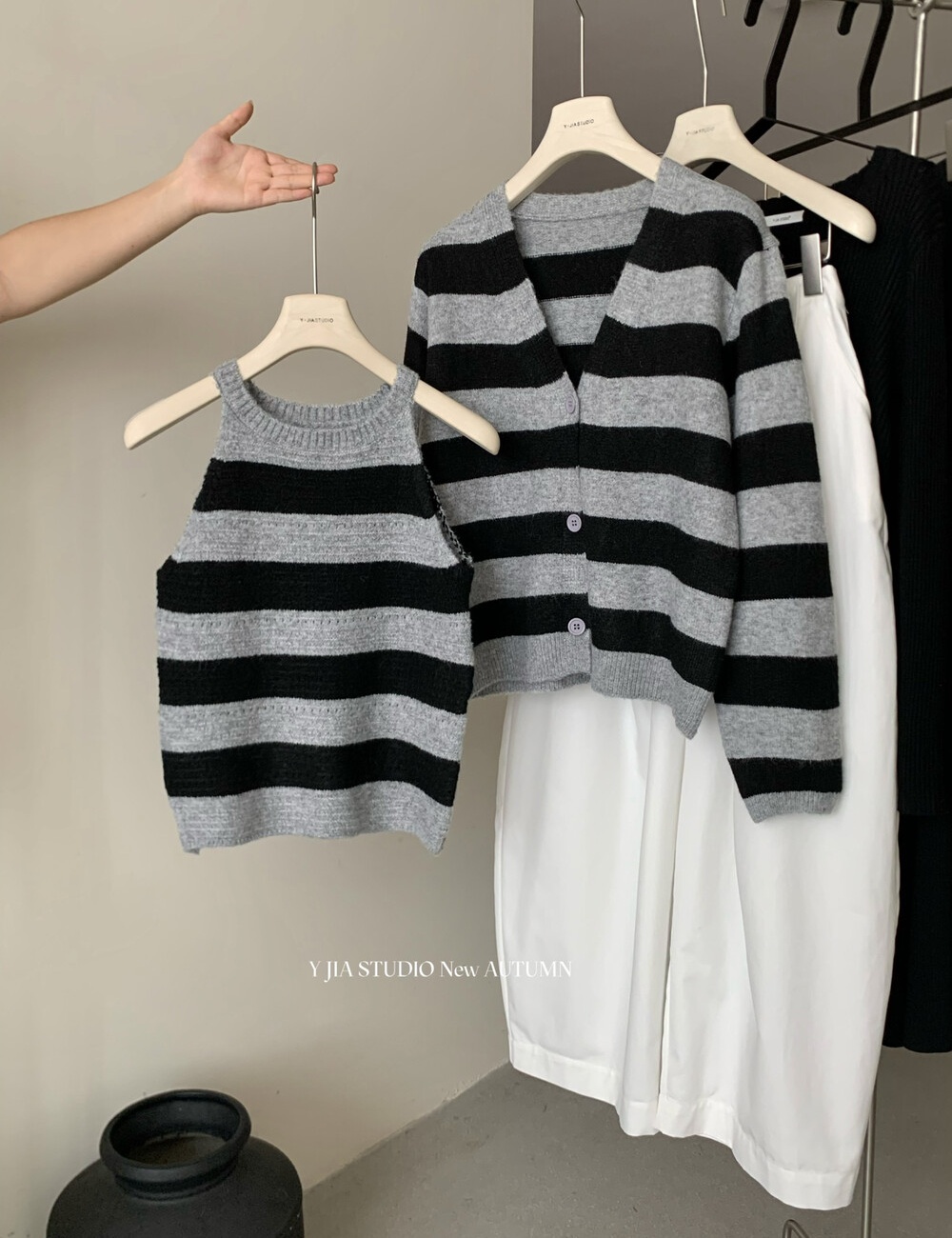 Simple Korean style vest stripe cardigan 2pcs set