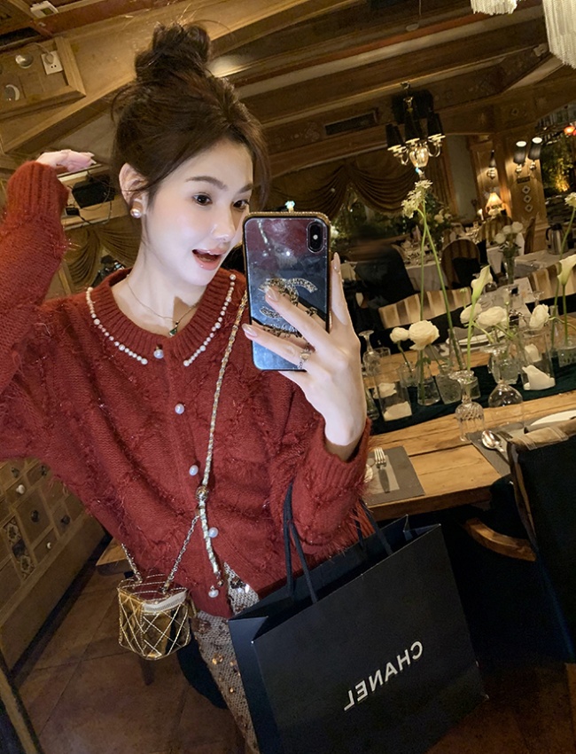 Quilted loose unique coat chanelstyle red sweater for women