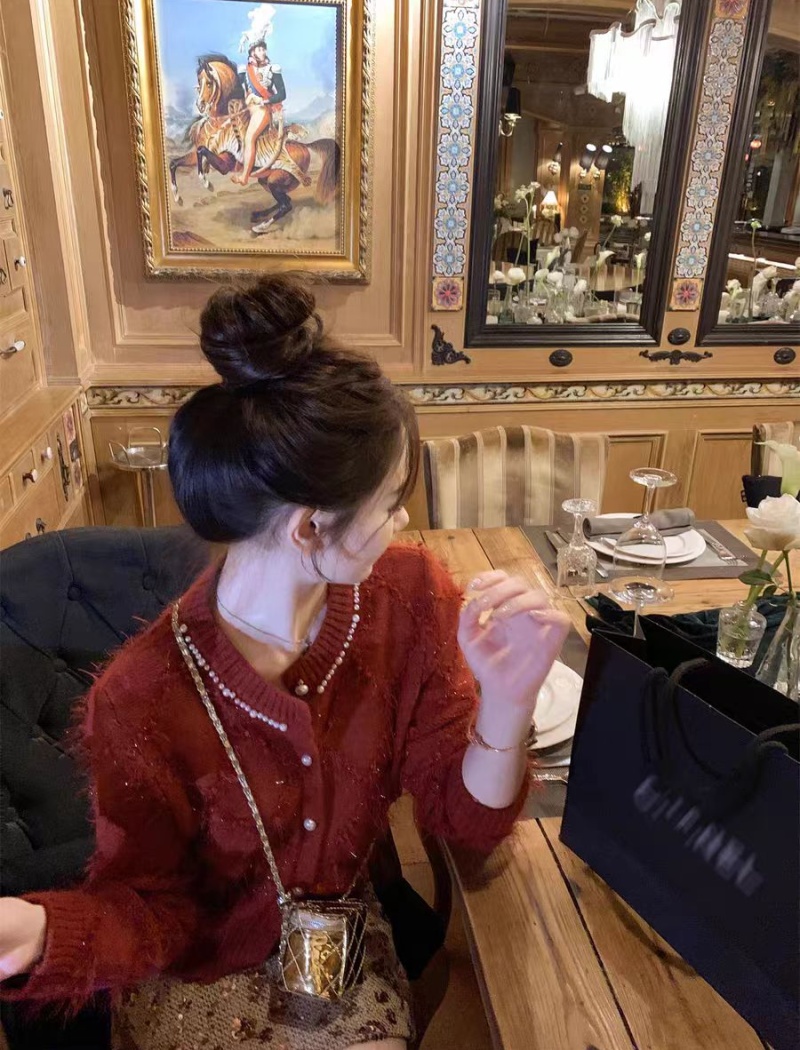 Quilted loose unique coat chanelstyle red sweater for women
