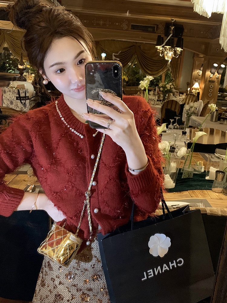 Quilted loose unique coat chanelstyle red sweater for women