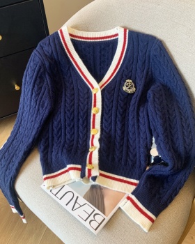 Mixed colors college style coat V-neck cardigan for women