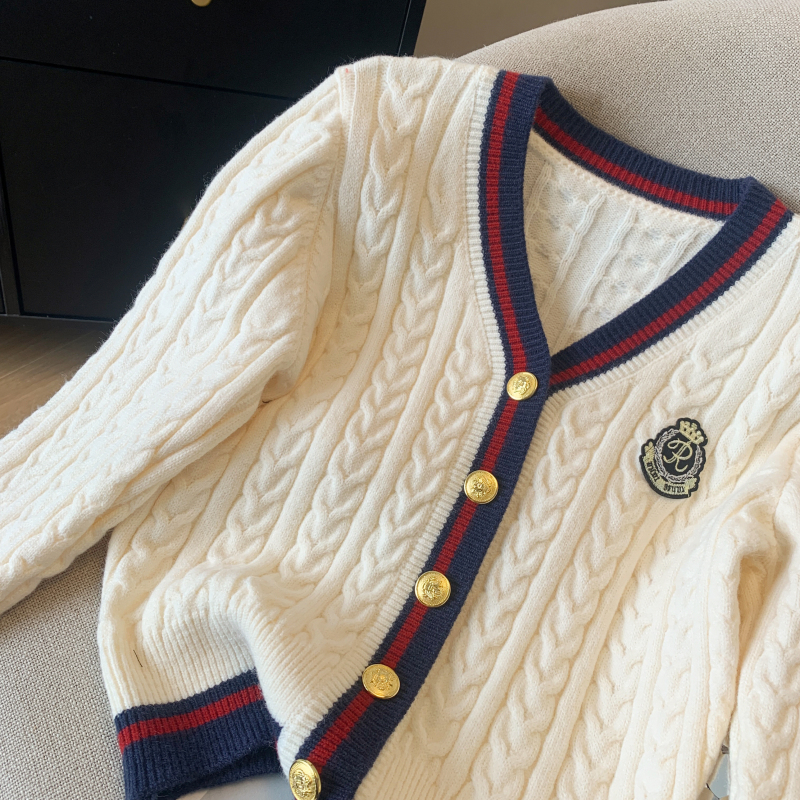 Mixed colors college style coat V-neck cardigan for women