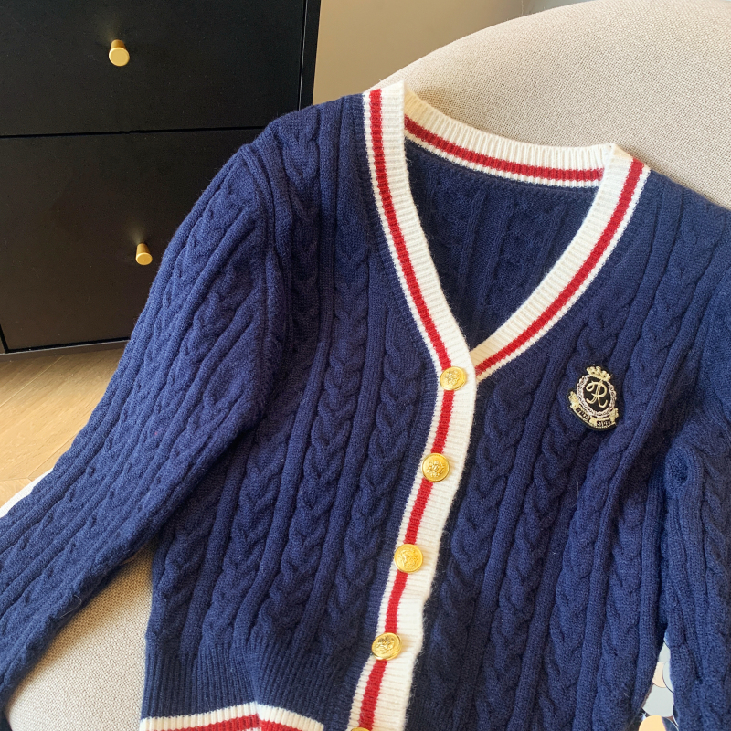 Mixed colors college style coat V-neck cardigan for women
