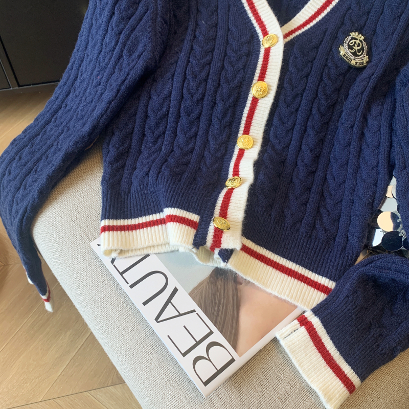 Mixed colors college style coat V-neck cardigan for women