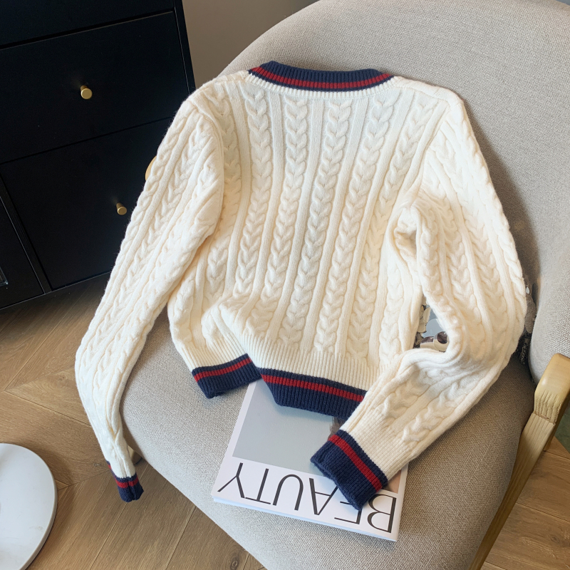 Mixed colors college style coat V-neck cardigan for women