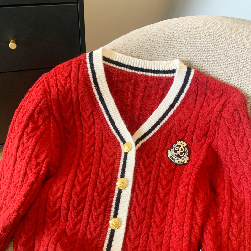Mixed colors college style coat V-neck cardigan for women