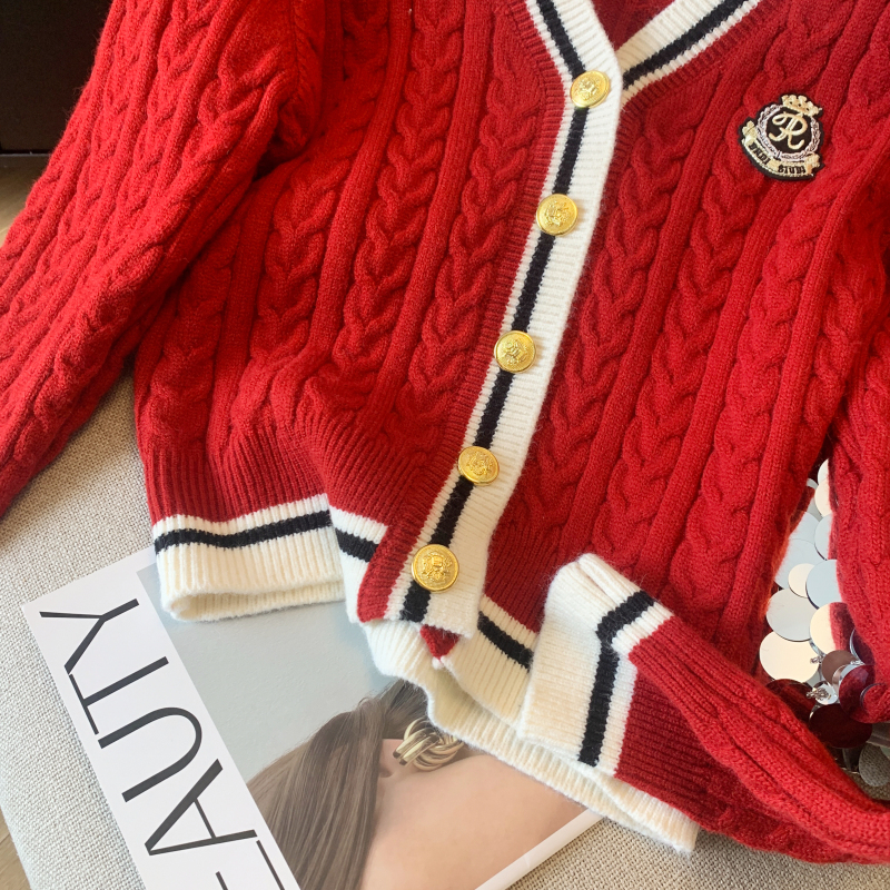 Mixed colors college style coat V-neck cardigan for women