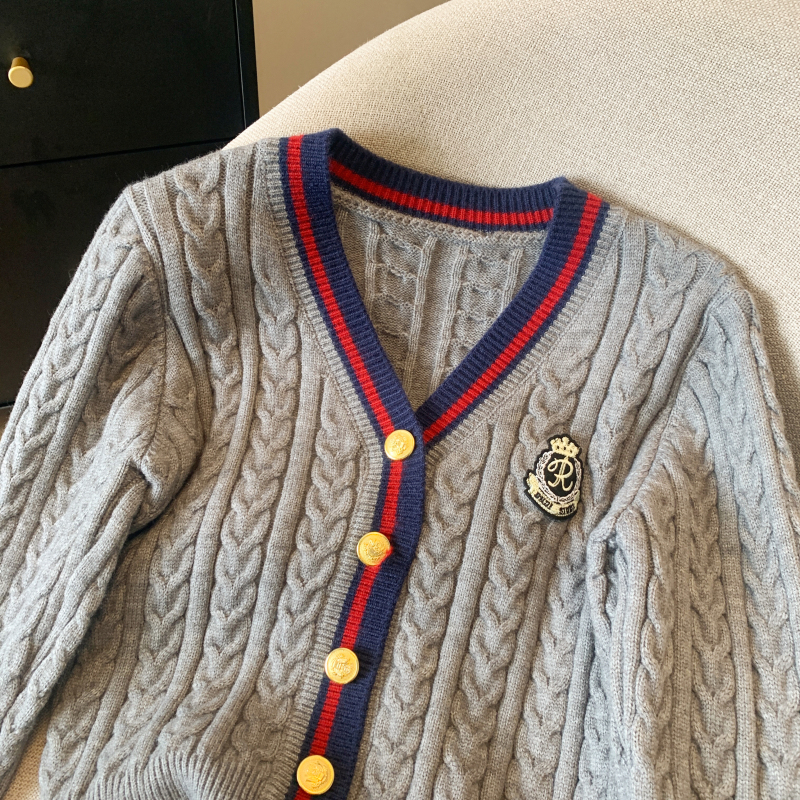 Mixed colors college style coat V-neck cardigan for women