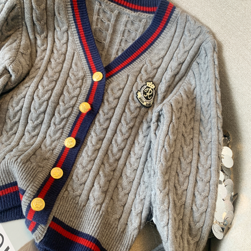Mixed colors college style coat V-neck cardigan for women