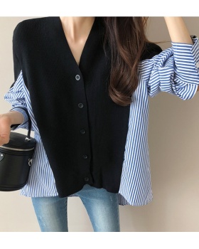 Pseudo-two knitted shirt splice cardigan for women