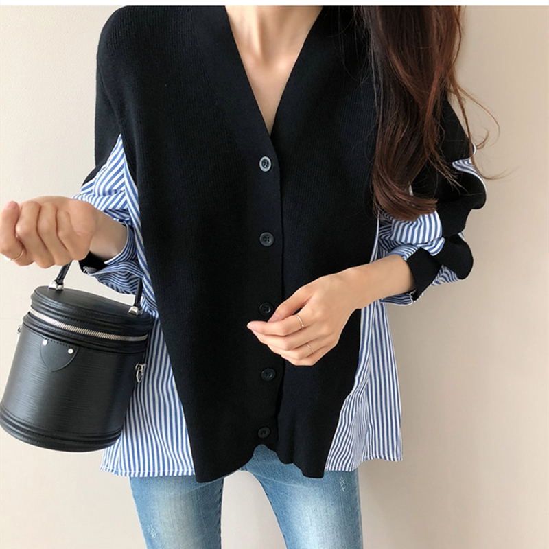 Pseudo-two knitted shirt splice cardigan for women