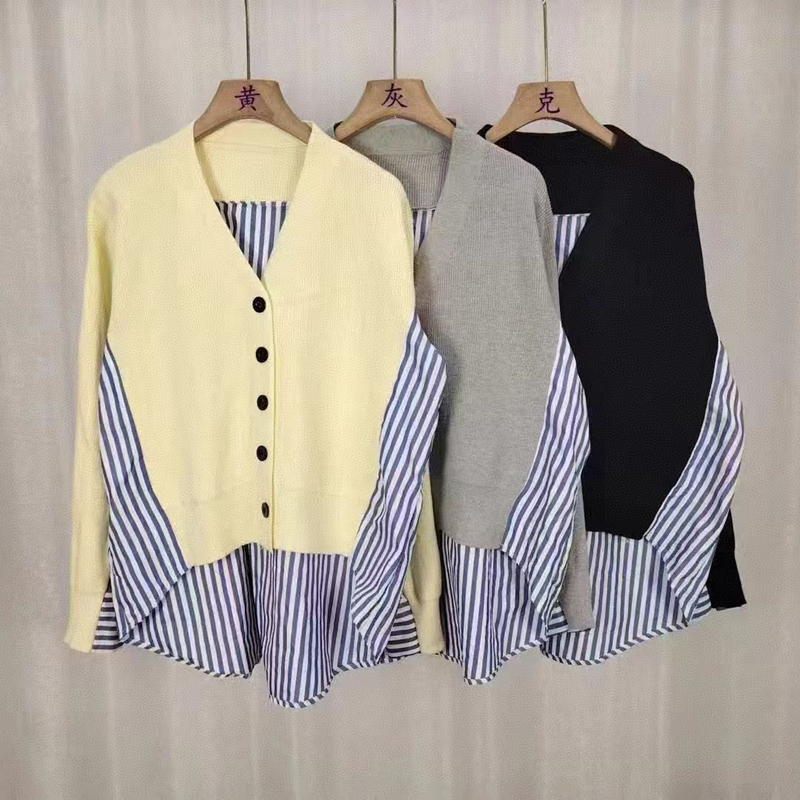 Pseudo-two knitted shirt splice cardigan for women