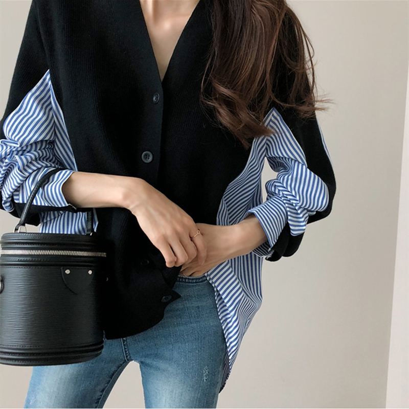 Pseudo-two knitted shirt splice cardigan for women