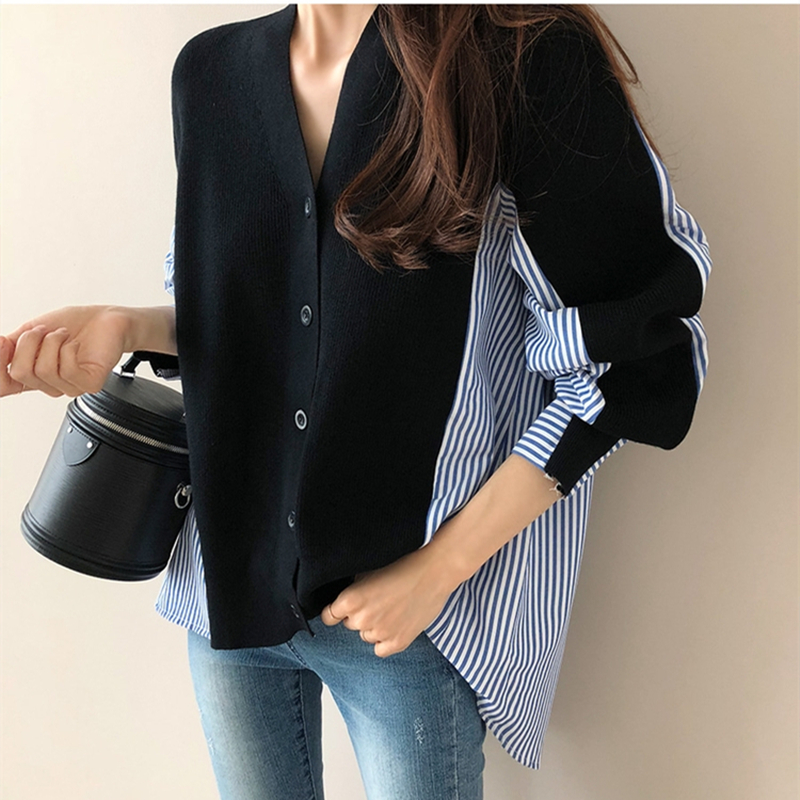 Pseudo-two knitted shirt splice cardigan for women