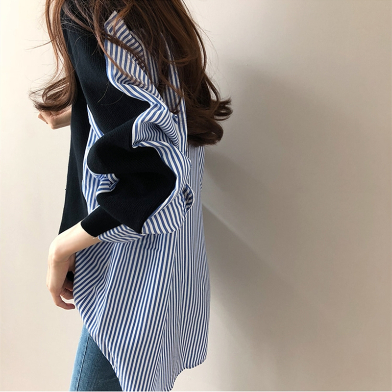 Pseudo-two knitted shirt splice cardigan for women